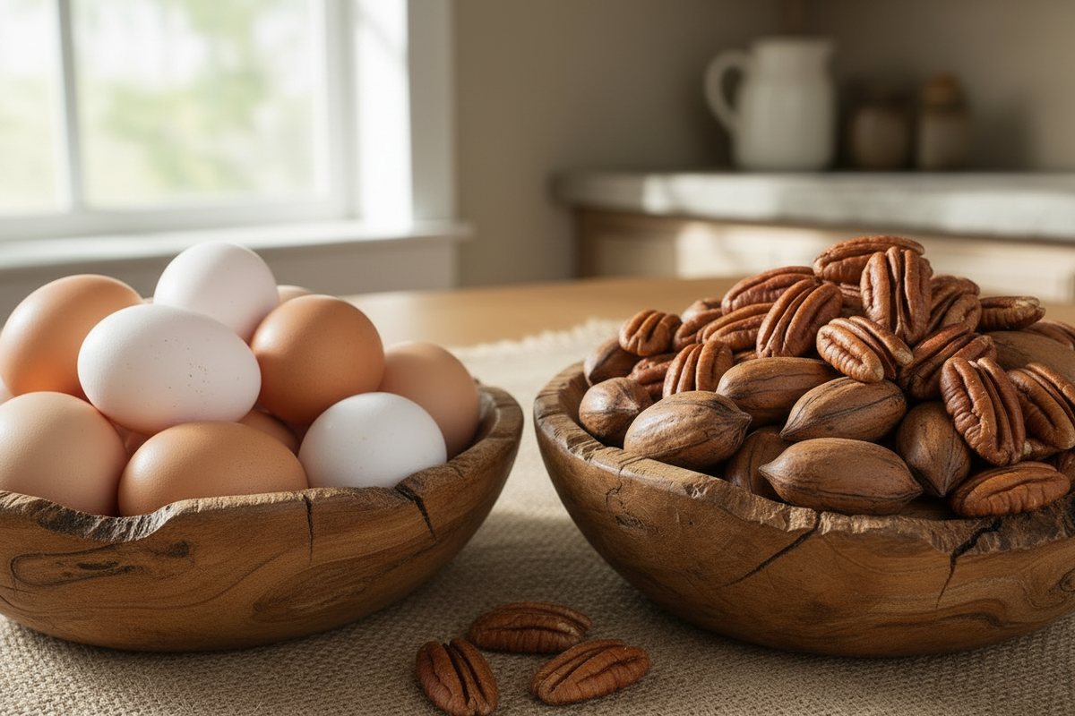 Wooden bowls of pecan nuts and farm eggs